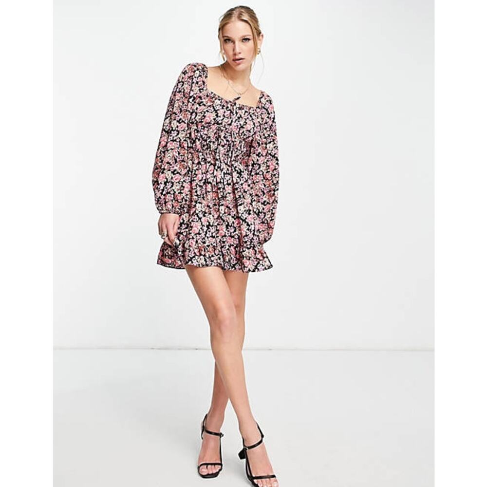 ASOS Multicolored Floral Long Puff Sleeve Swing Dress Size 14 NWT - Picture 7 of 11